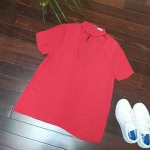 Madewell Crepe Short Sleeve V-Neck Choker Top - Red